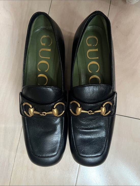 Gucci Shoes - Gucci Black Leather Loafers with Gold Horsebit and Green Insole